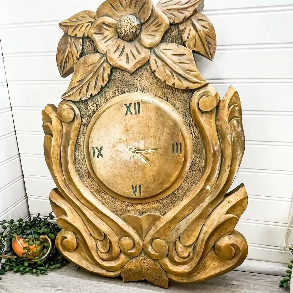 Large‎ Gold Hand-Carved Wooden Floral Clock: Antique Wood Decor